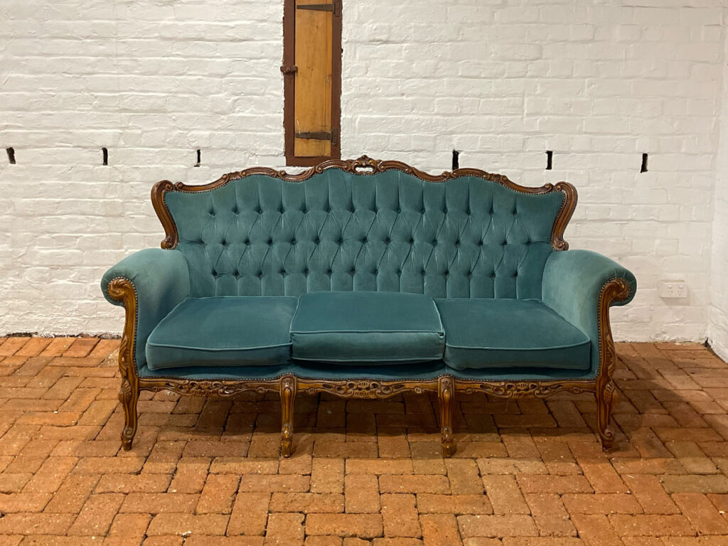 Vintage style velvet three seater couch Lukes Barrel Hire Perth