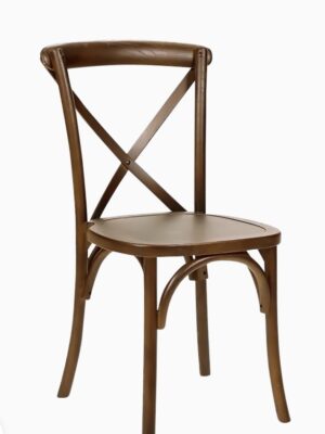 Rustic brown wooden crossback chairs for wedding reception setup